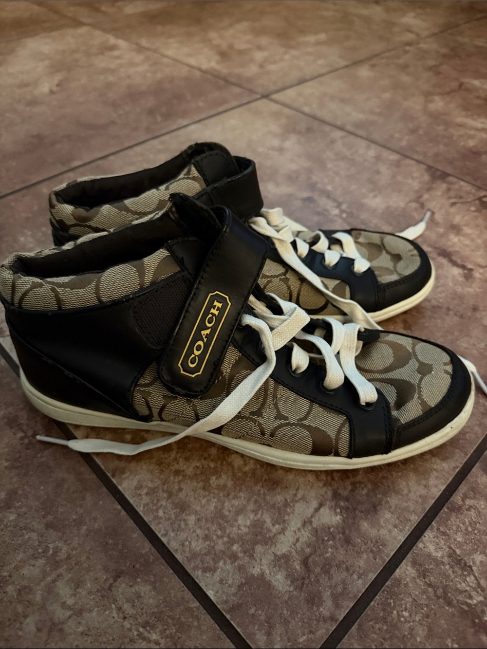 COACH Brown Signature Canvas High-Top Sneakers with Black Trim